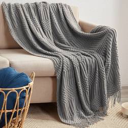 Shein 1pc Plain Tassel Decor Blanket, Simple Knitted Fabric Warm Blanket For Bedroom Filt Grå