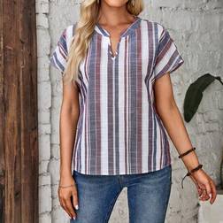 Shein Striped Notched Neck Batwing Sleeve Blouse