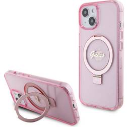 Guess iPhone 15 Skal Ring Stand Glitter MagSafe Rosa