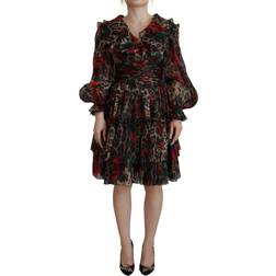 Dolce & Gabbana Brown Leopard Roses Silk Ruffled Gown Dress IT38