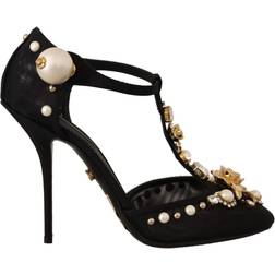 Dolce & Gabbana Black Faux Pearl Crystal Vally Heels Sandals Shoes EU39/US8.5