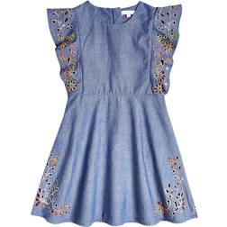 Chloé Kids Embroidered cotton chambray dress blue Y