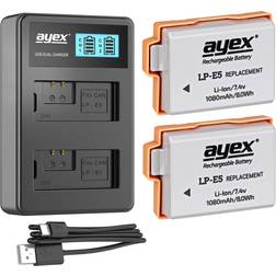 ayex 2xLP-E5 Battery for Canon + 1x USB Dual Charger Compatible