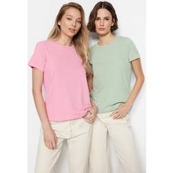 Trendyol Collection Basic stickad t-shirt med rund hals för kvinnor, Rosa-mint