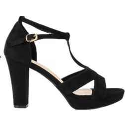 Shein Women Minimalist Chunky Heeled Ankle Strap Sandals, Elegant Black Faux Suede Heeled Sandals