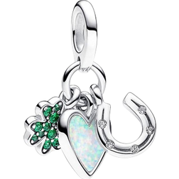 Pandora Four Leaf Clover Heart & Horseshoe Triple Dangle Charm - Silver/Green/Transparent