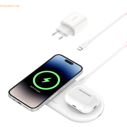 Belkin BoostCharge Pro 2-i-1 trådlös laddare med magnetisk Qi2 15 W, Trådlös snabbladdning av iPhone som är kompatibel med serierna iPhone 15, AirPods och enheter med MagSafe Vit