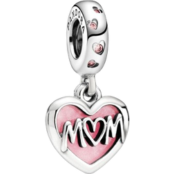 Pandora Mom Script Heart Dangle Charm - Silver/Pink