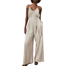 H&M Jumpsuit In Tricot With Tie Belt - Light Beige/Striped