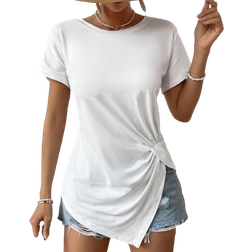 Shein LUNE Women's Summer Comfortable Short-Sleeved T-Shirt With Round Neckline, Knotted Hem And Split Side