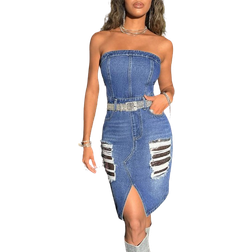 Shein BAE Strapless Denim Dress With Distressed And Glittering Design