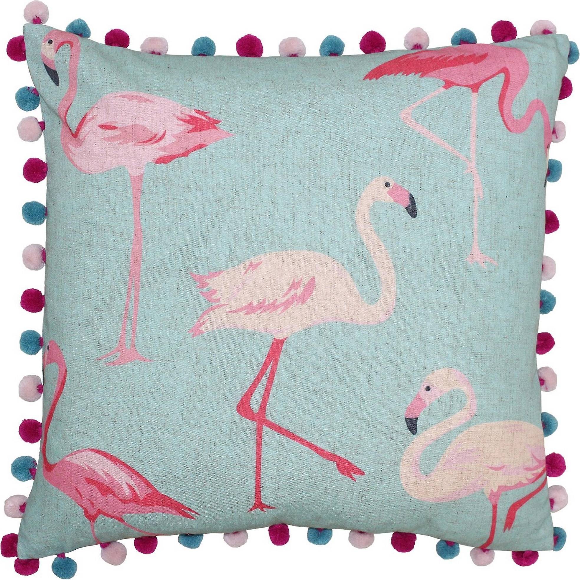  Bild på Riva Home Flamingo Pom Pom Edged Kuddöverdrag Blå (50x50cm) prydnadskudde